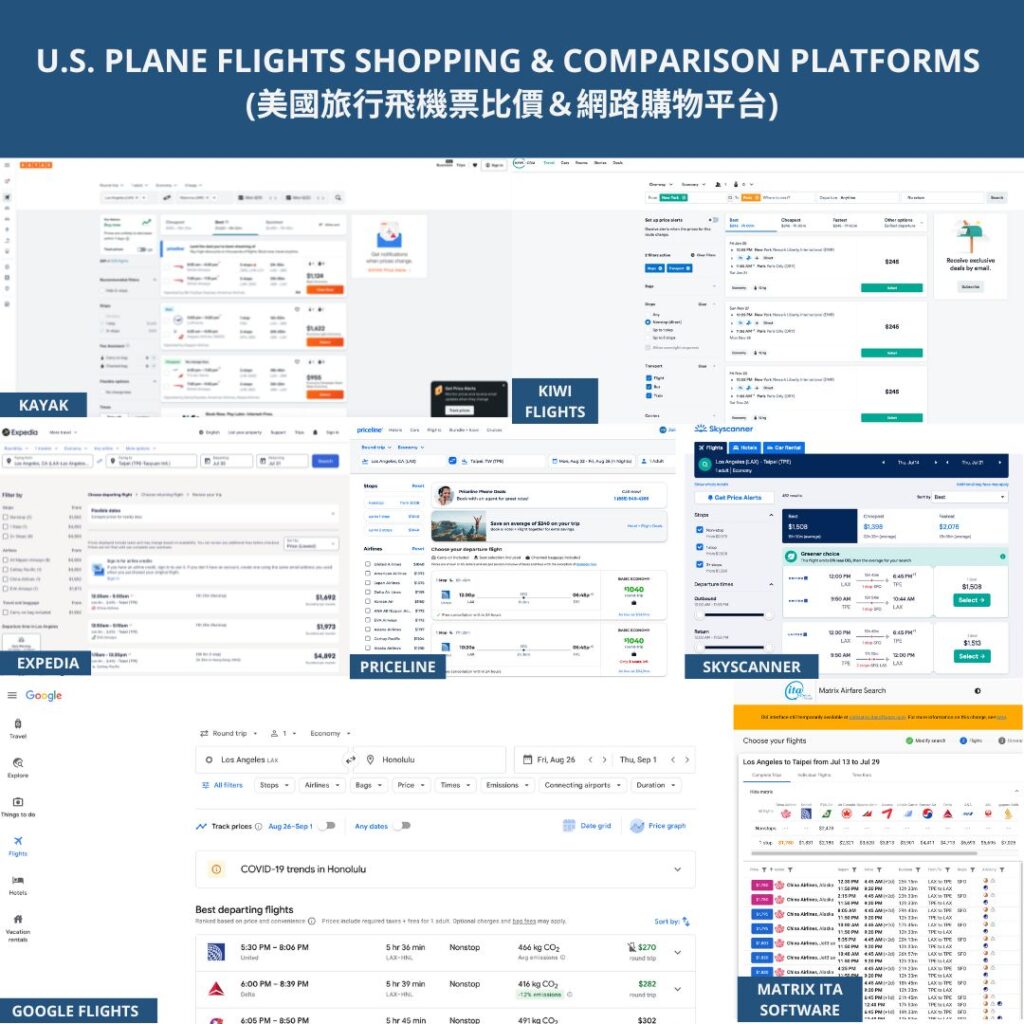 U.S. PLANE FLIGHTS SHOPPING & COMPARISON PLATFORMS (美國旅行飛機票比價＆網路購物平台)